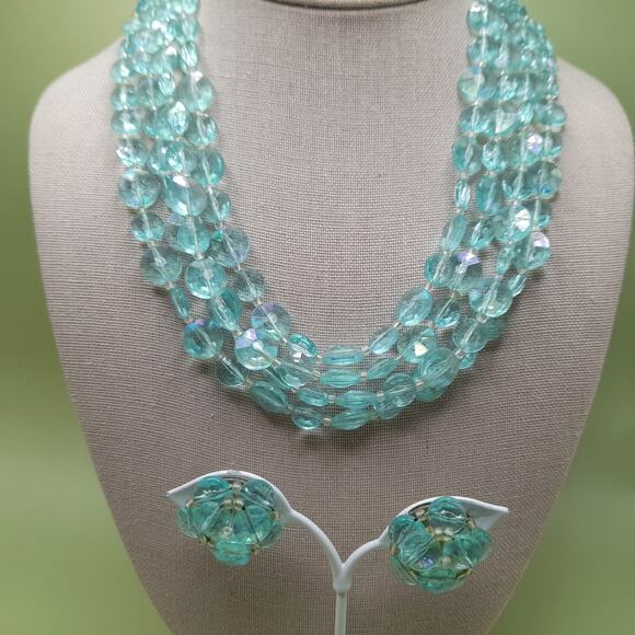 Vintage West Germany Aqua Lucite Bead Necklace Earrings Set, 1940s - Picture 2 of 13